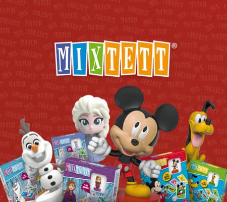 Rotes Mixtett Hintergrund Patter. Davor befinden sich eine Zusammenstellung von Disney Figuren, sowie den Mixtett Produkten von ASS Altenburger und dem Mixtett Logo darüber.