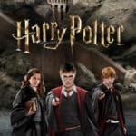 Harry Potter, Hermine, Ron unter Harry Potter Schriftzug am Hagwarts Ufer bei Nacht.