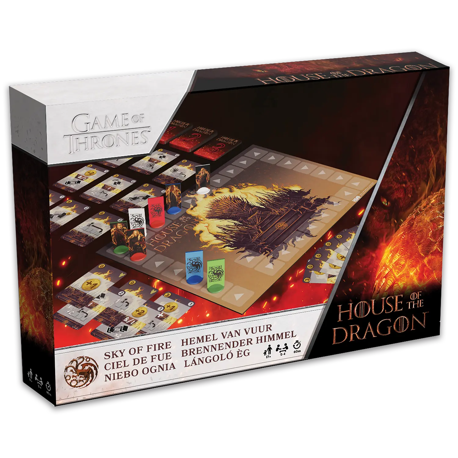 Das Game of Thrones House of the Dragon Sky of Fire Spiel steht mit sichtbarer Vorderseite vor einem weißen Hintergrund.