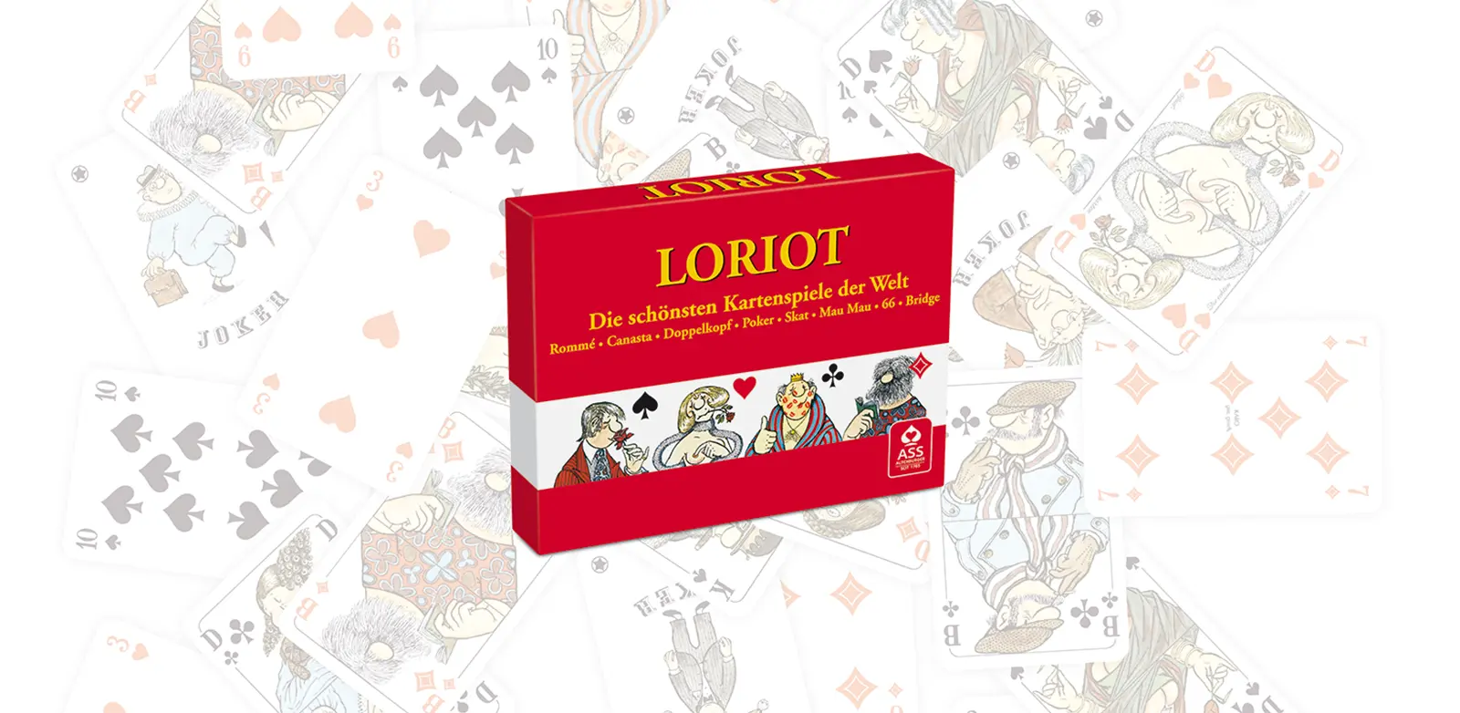 Kartenspiel Loriot Rommé vor weiteren Karten aus dem Spiel, die also Hintergrund dienen. Loriot Kartenspiel, ASS Altenburger